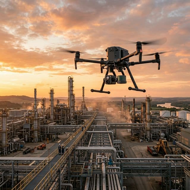 Industrial drone inspection over refinery infrastructure